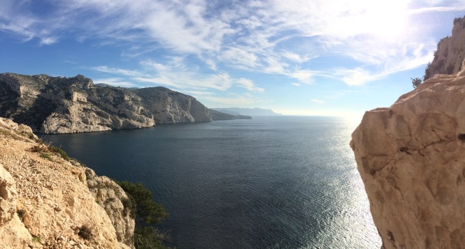View of the opening to the calanques from the cushy belay on top of p3